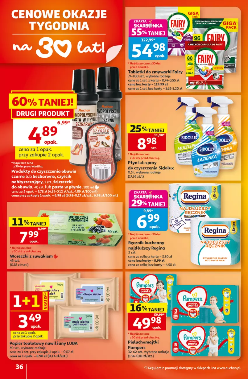 Gazetka promocyjna Auchan - Gazetka 30 Lat Hipermarket Auchan - ważna 10.09 do 16.09.2026 - strona 36 - produkty: Fa, Fairy, Gin, Gry, Majtki, Pampers, Papier, Papier toaletowy, Pieluchomajtki, Ręcznik, Ręcznik kuchenny, Sidolux, Spray do czyszczenia, Tablet, Tabletki do zmywarki, Zmywarki