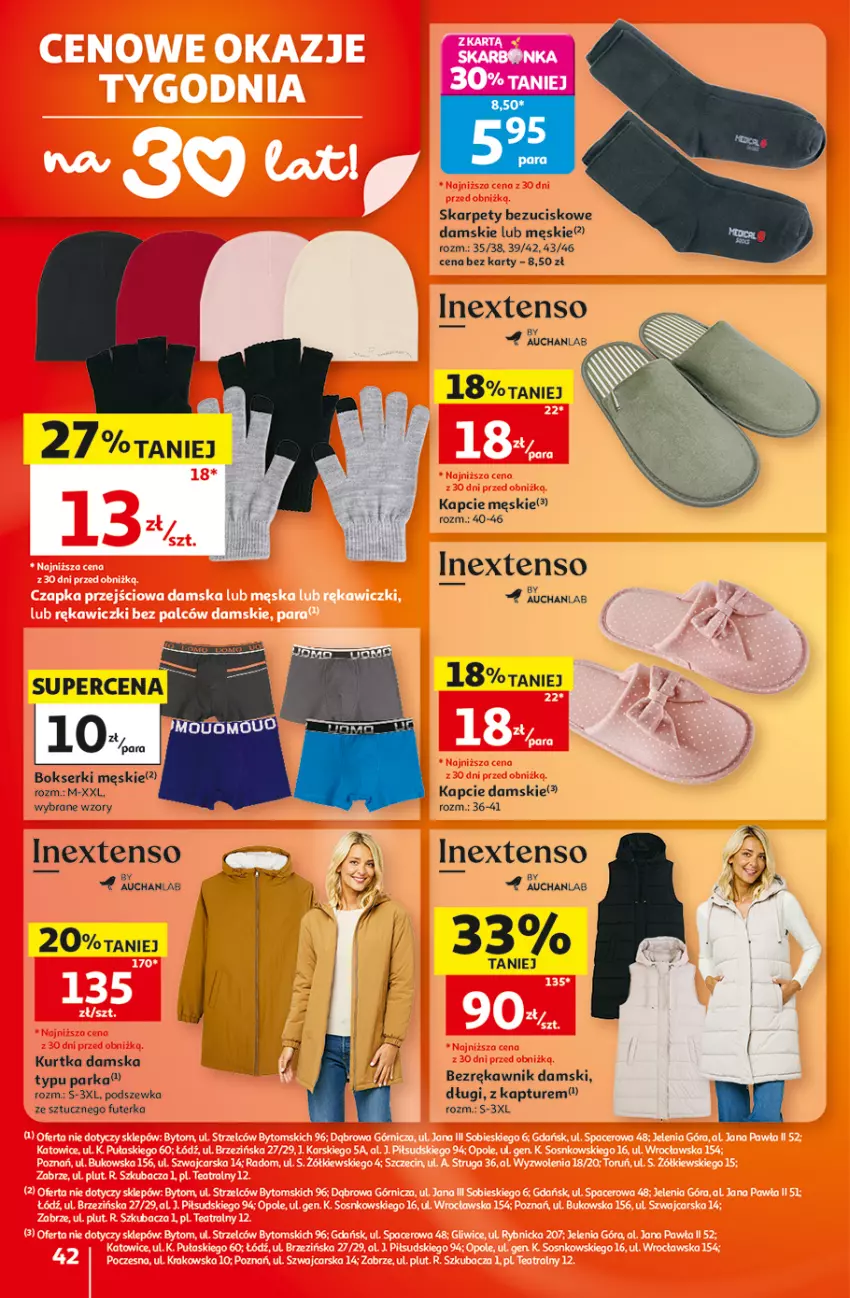 Gazetka promocyjna Auchan - Gazetka 30 Lat Hipermarket Auchan - ważna 10.09 do 16.09.2026 - strona 42 - produkty: Bokserki, Kapcie, Karp, Kurtka, Parka, Ser
