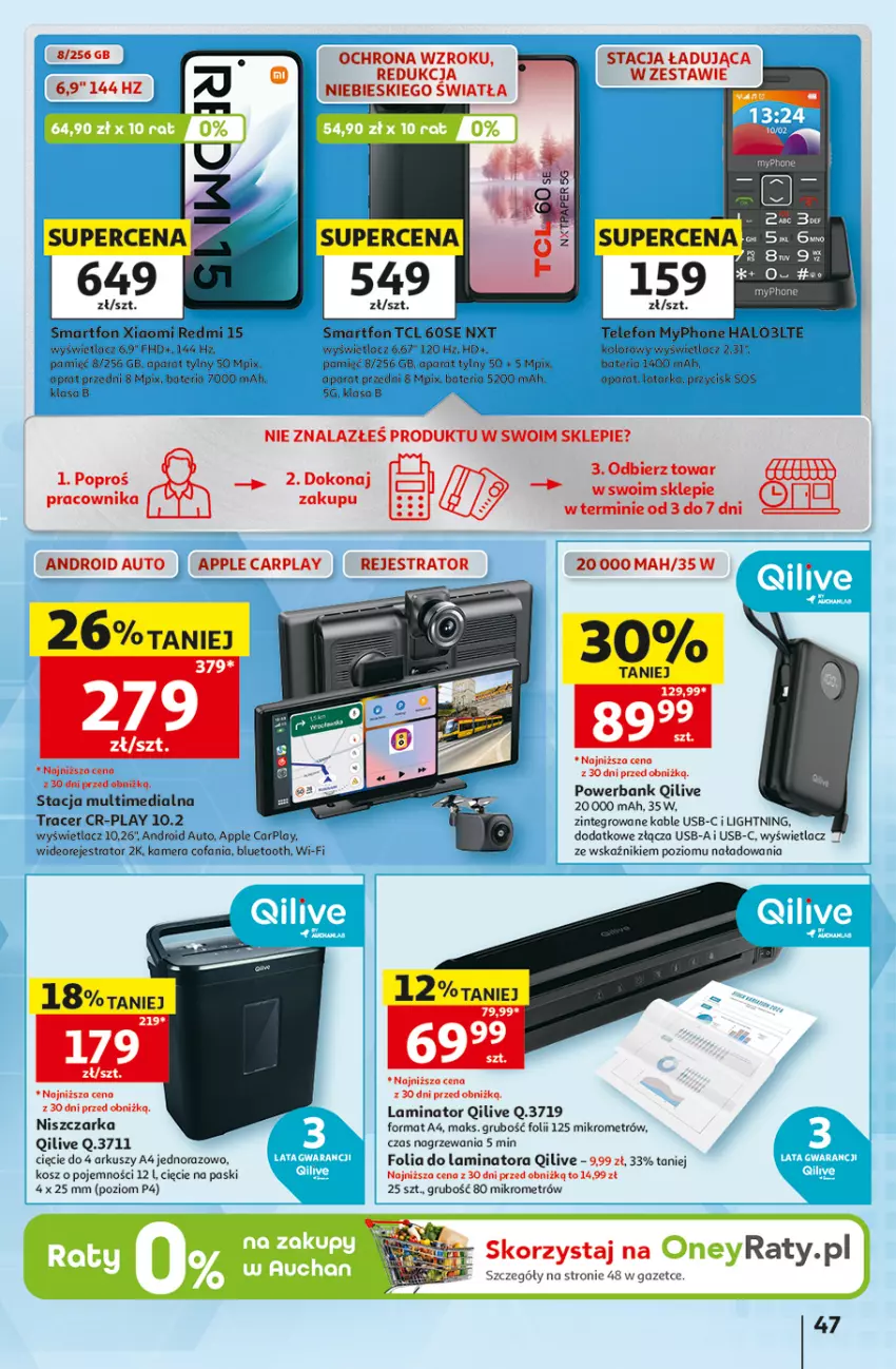 Gazetka promocyjna Auchan - Gazetka 30 Lat Hipermarket Auchan - ważna 10.09 do 16.09.2026 - strona 47 - produkty: Acer, Bateria, Fa, Halo, Kamera, Kosz, Latarka, MyPhone, Niszczarka, Powerbank, Smartfon, Tarka, Telefon, Tera