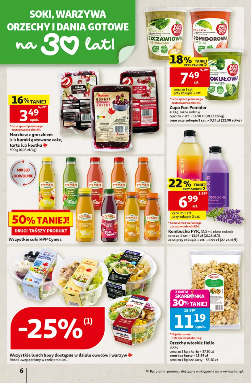 Gazetka promocyjna Auchan - Gazetka 30 Lat Hipermarket Auchan - ważna 10.09 do 16.09.2026 - strona 6 - produkty: Buraki, Dania gotowe, Fa, Helio, Lunch box, Orzechy włoskie, Sok, Warzywa, Zupa