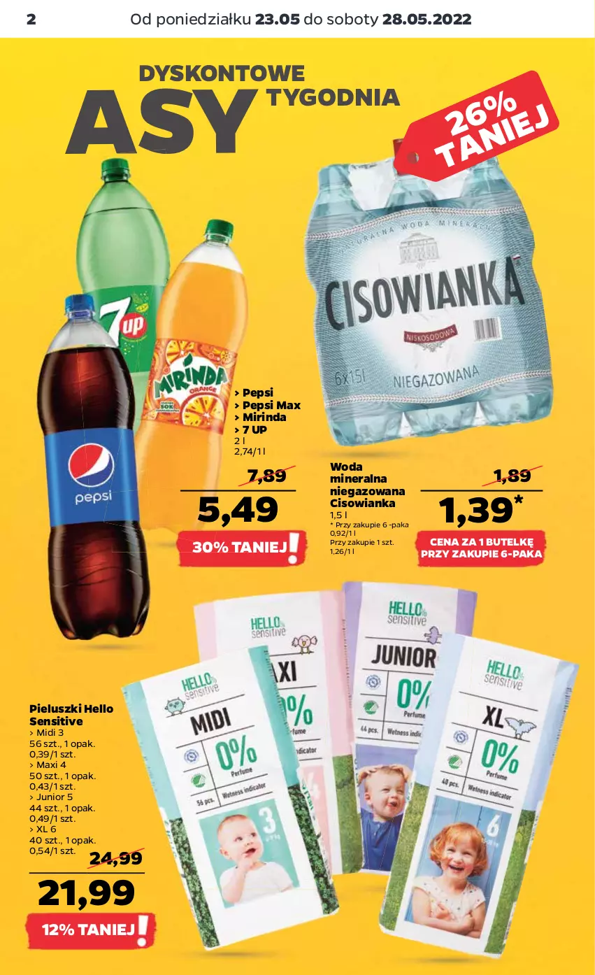 Gazetka promocyjna Netto - Gazetka spożywcza 23.05-28.05 - ważna 23.05 do 28.05.2022 - strona 2 - produkty: Cisowianka, Mirinda, Pepsi, Pepsi max, Woda, Woda mineralna