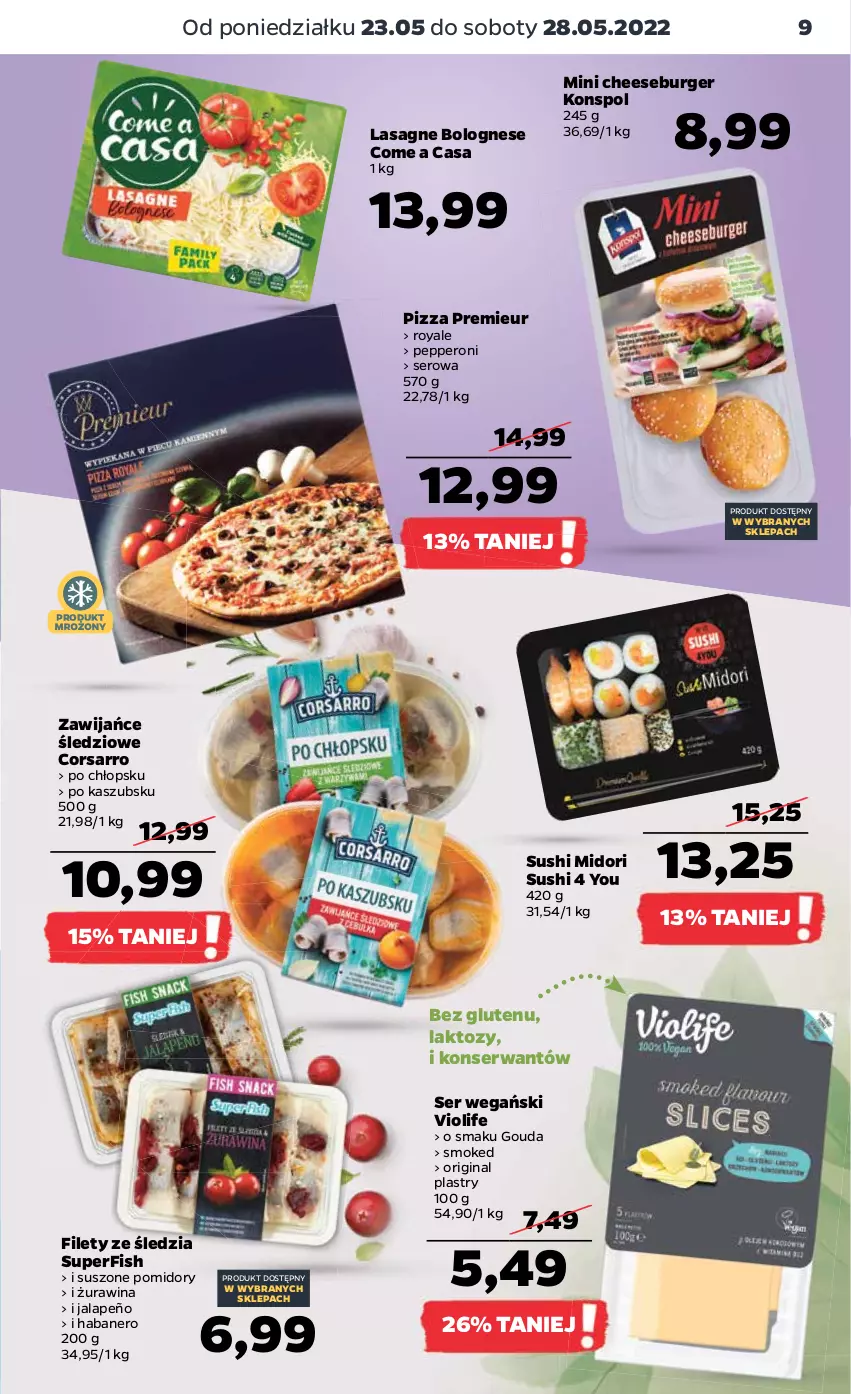 Gazetka promocyjna Netto - Gazetka spożywcza 23.05-28.05 - ważna 23.05 do 28.05.2022 - strona 9 - produkty: Burger, Gin, Gouda, Lasagne, Lasagne bolognese, Pizza, Pomidory, Ser, Sushi, Suszone pomidory