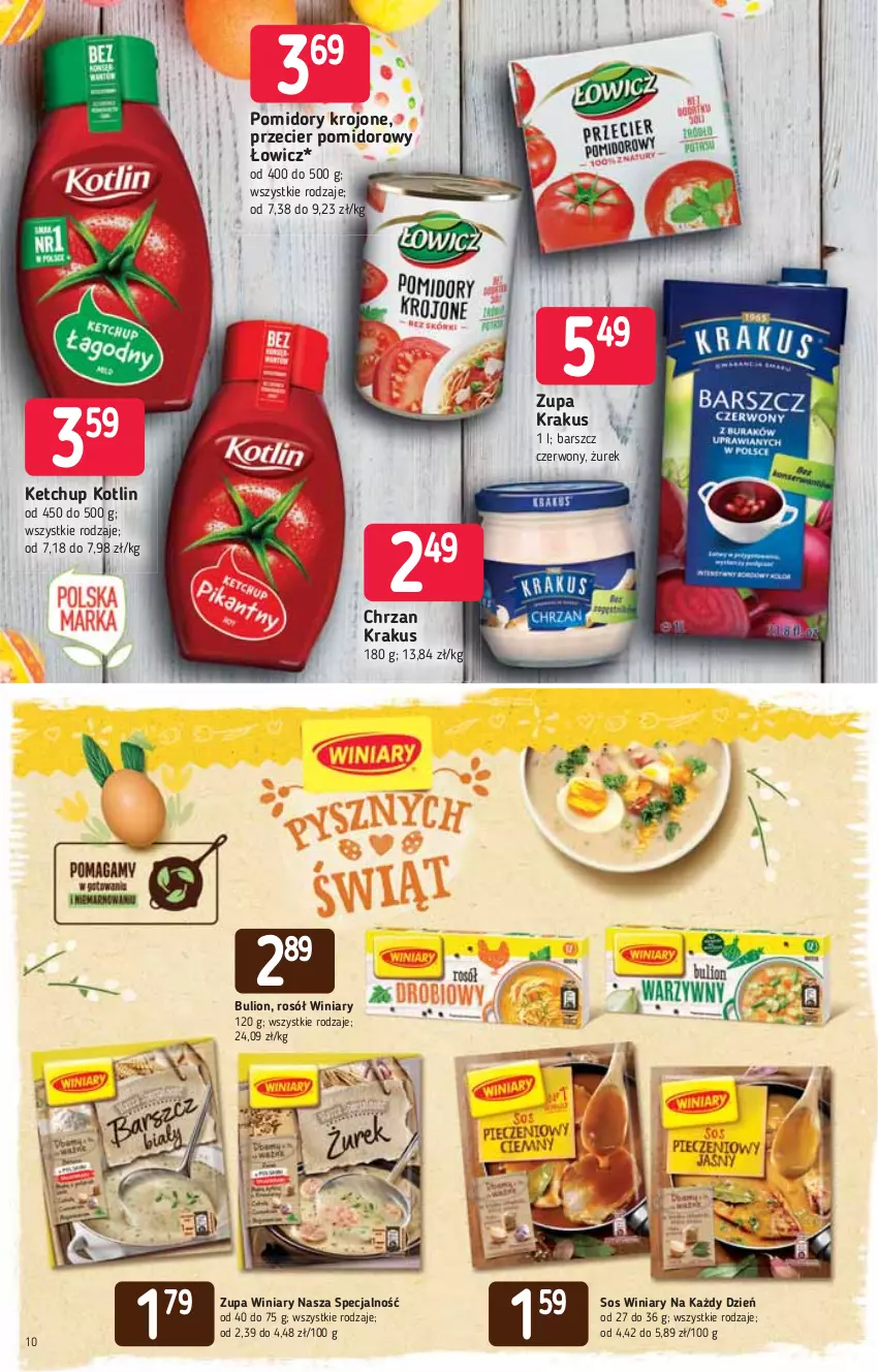 Gazetka promocyjna Stokrotka - Market - ważna 25.03 do 31.03.2021 - strona 10 - produkty: Bulion, Chrzan, Ketchup, Kotlin, Krakus, Lion, Pomidory, Pomidory krojone, Rosół, Sos, Winiary, Zupa