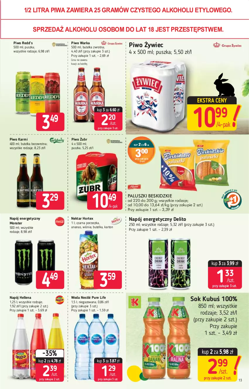 Gazetka promocyjna Stokrotka - Market - ważna 25.03 do 31.03.2021 - strona 13 - produkty: Ananas, Gra, Hellena, Hortex, Karmi, Kubuś, Napój, Napój energetyczny, Nektar, Nestlé, Piwa, Piwo, Por, Pur, Sok, Warka, Woda