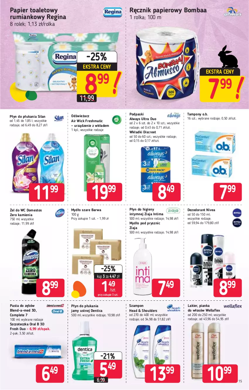 Gazetka promocyjna Stokrotka - Market - ważna 25.03 do 31.03.2021 - strona 15 - produkty: Air Wick, Always, Always Ultra, Blend-a-Med, Dezodorant, Discreet, Domestos, Gin, Lakier, Mydło, Nivea, O.B., Oral B, Papier, Papier toaletowy, Pasta do zębów, Pianka do włosów, Płyn do higieny intymnej, Płyn do płukania, Płyn do płukania jamy ustnej, Podpaski, Ręcznik, Rum, Silan, Szampon, Szczoteczka, Tampony, Wella, Wkładki, Ziaja