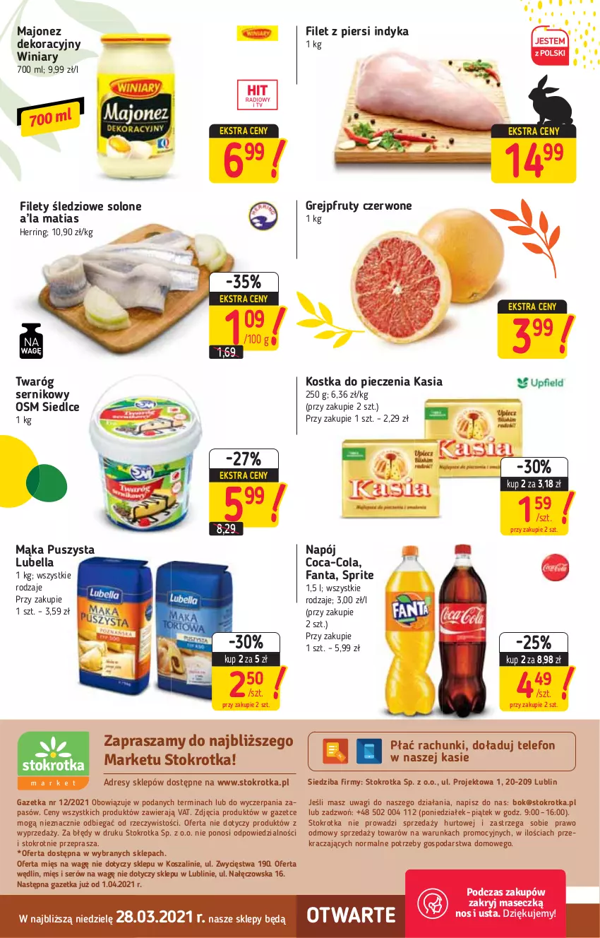 Gazetka promocyjna Stokrotka - Market - ważna 25.03 do 31.03.2021 - strona 16 - produkty: Bell, Bella, Coca-Cola, Dres, Fa, Fanta, Filet z piersi indyka, Grejpfrut, JBL, Kasia, Kostka do pieczenia, Kosz, Lubella, Majonez, Mąka, Napój, O nas, Piec, Ser, Sprite, Szal, Telefon, Twaróg, Wagi, Winiary