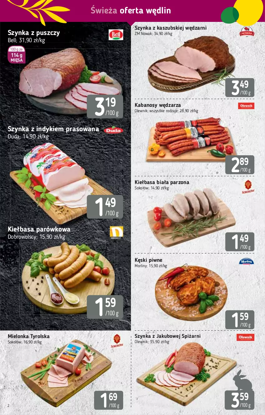 Gazetka promocyjna Stokrotka - Market - ważna 25.03 do 31.03.2021 - strona 2 - produkty: Bell, Duda, Kabanos, Kęski piwne, Kiełbasa, Kiełbasa biała, Mielonka tyrolska, Morliny, NOWAK, Olewnik, Sok, Sokołów, Szynka