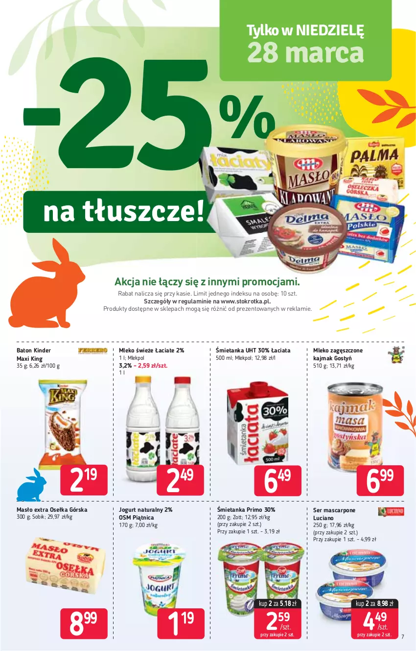 Gazetka promocyjna Stokrotka - Market - ważna 25.03 do 31.03.2021 - strona 7 - produkty: Baton, Jogurt, Jogurt naturalny, Kinder, Mascarpone, Masło, Mleko, Mleko zagęszczone, Piątnica, Ser, Zott