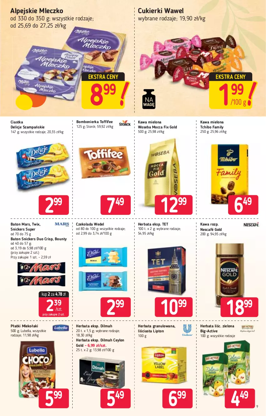 Gazetka promocyjna Stokrotka - Market - ważna 25.03 do 31.03.2021 - strona 9 - produkty: Baton, Bell, Bella, Bounty, Ciastka, Cukier, Cukierki, Czekolada, Delicje, Dilmah, Fa, Gra, Herbata, Kawa, Kawa mielona, Lipton, Lubella, Mars, Mleczko, Mleko, Mocca Fix Gold, Nescafé, Snickers, Tchibo, Tchibo Family, Twix, Wawel, Woseba