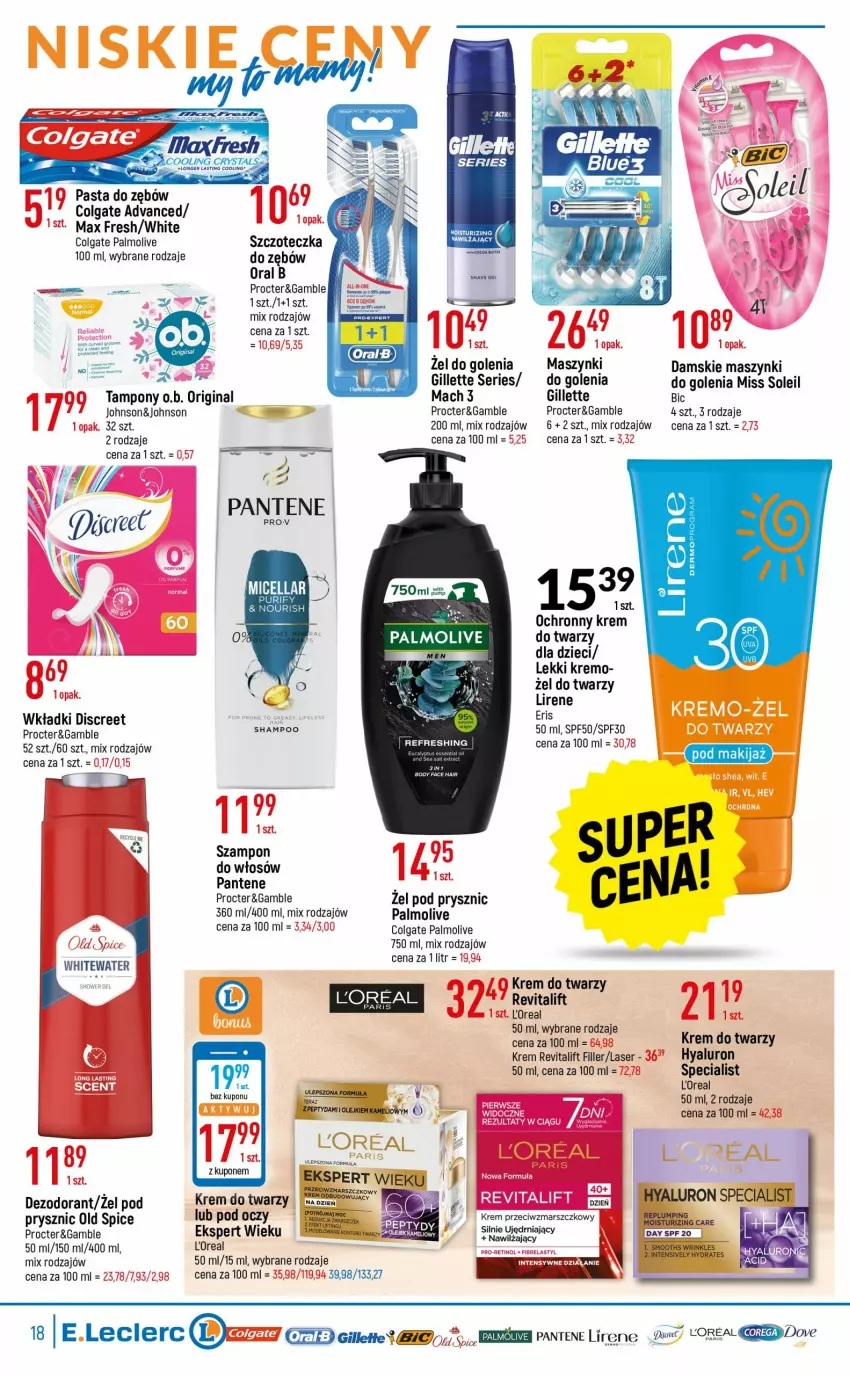 Gazetka promocyjna E Leclerc - ważna 28.06 do 09.07.2022 - strona 18 - produkty: BIC, Body, Colgate, Dezodorant, Discreet, Dzieci, Fa, Gillette, Gin, Krem do twarzy, Krem przeciwzmarszczkowy, LG, Lirene, Mars, Mintaj, O.B., Ochronny krem, Old Spice, Olej, Oral B, Palmolive, Pantene, Pasta do zębów, Ser, Szampon, Szczoteczka, Tampony, Tera, Wkładki