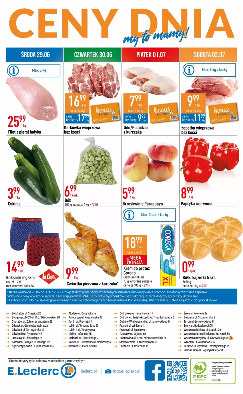 Gazetka promocyjna E Leclerc - ważna 28.06 do 09.07.2022 - strona 24 - produkty: Bokserki, Brzoskwinie, Corega, Filet z piersi indyka, Karkówka wieprzowa, Kosz, Kurczak, Olej, Papryka, Papryka czerwona, Por, Ser, Sos, Sport, Stock, Szal, Top