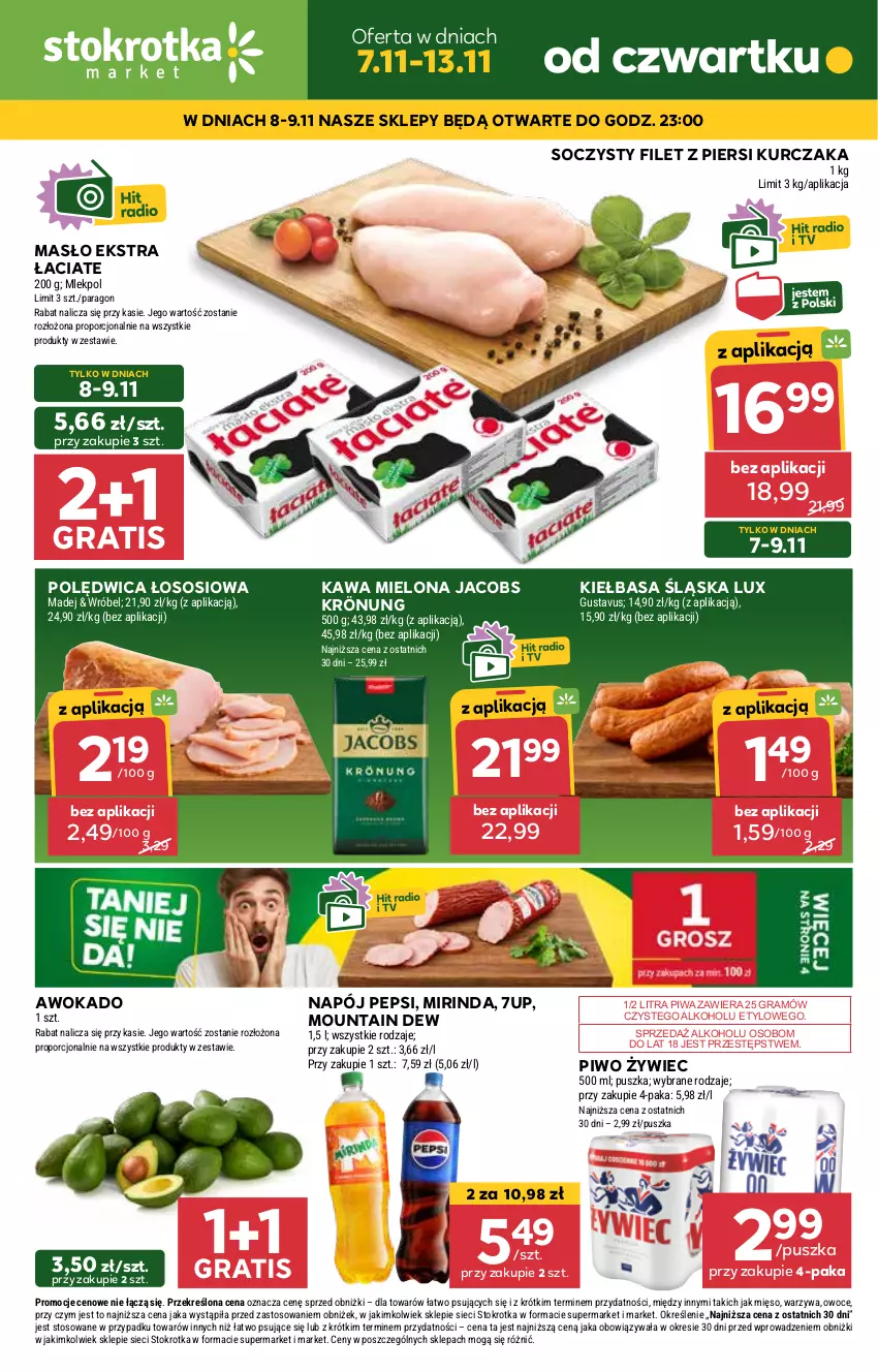 Gazetka promocyjna Stokrotka - Market - ważna 07.11 do 13.11.2024 - strona 1 - produkty: 7up, Filet z piersi kurczaka, Gra, Jacobs, Jacobs Krönung, Kawa, Kawa mielona, Kiełbasa, Kiełbasa śląska, Kurczak, Masło, Mięso, Mirinda, Napój, Owoce, Pepsi, Piwa, Piwo, Polędwica, Por, Sos, Warzywa