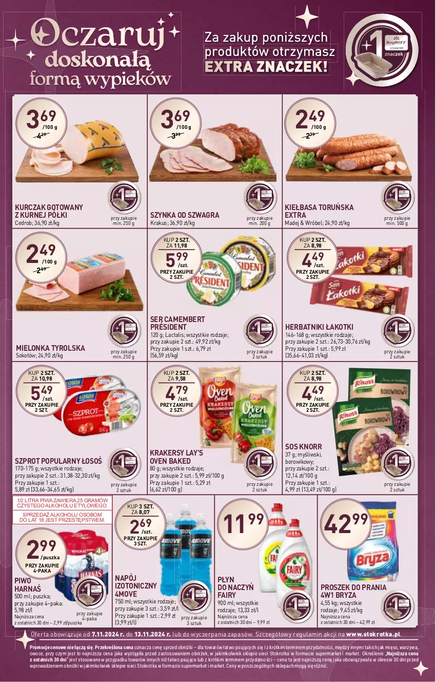 Gazetka promocyjna Stokrotka - Market - ważna 07.11 do 13.11.2024 - strona 18 - produkty: Bryza, Camembert, Fa, Fairy, Gra, Harnaś, Herbatniki, Kiełbasa, Knorr, Krakersy, Krakus, Kurczak, Kurczak gotowany, Lay’s, Mielonka tyrolska, Mięso, Napój, Napój izotoniczny, Owoce, Piwa, Piwo, Président, Proszek do prania, Ser, Sok, Sokołów, Sos, Szprot, Szynka, Warzywa, Wiko