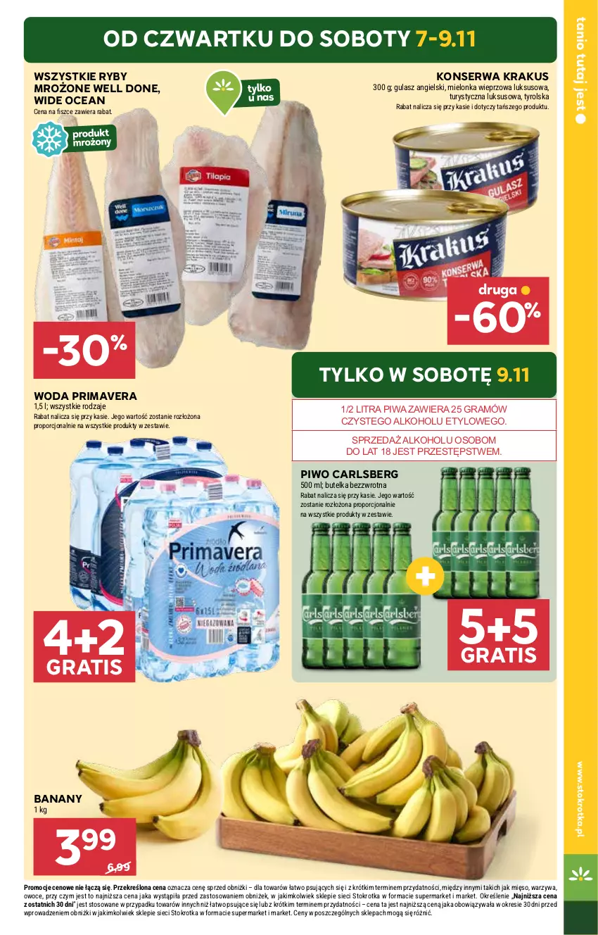 Gazetka promocyjna Stokrotka - Market - ważna 07.11 do 13.11.2024 - strona 5 - produkty: Banany, Carlsberg, Gra, Krakus, Mięso, Owoce, Piwa, Piwo, Por, Prima, Primavera, Ser, Warzywa, Woda