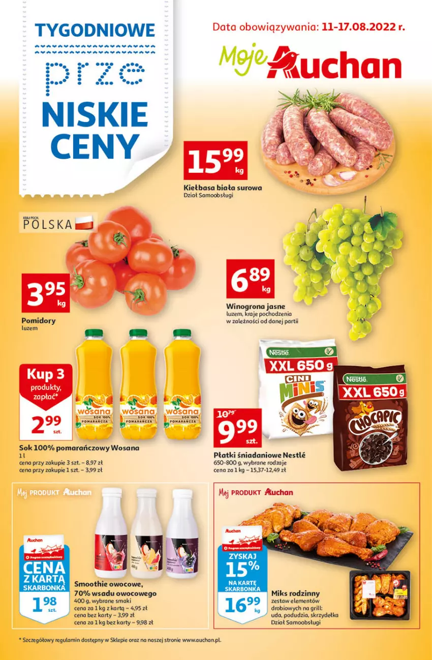 Gazetka promocyjna Auchan - Tygodniowe przeNISKIE CENY moje Auchan - ważna 11.08 do 17.08.2022 - strona 1 - produkty: Danio, Fa, Grill, Kiełbasa, Kiełbasa biała, Smoothie, Sok, Wino, Winogrona, Wosana