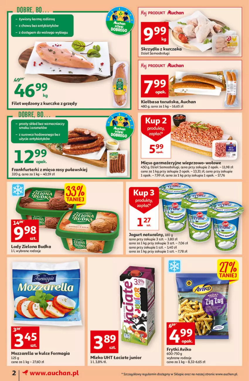 Gazetka promocyjna Auchan - Tygodniowe przeNISKIE CENY moje Auchan - ważna 11.08 do 17.08.2022 - strona 2 - produkty: Frankfurterki, Frytki, Jogurt, Jogurt naturalny, Kiełbasa, Kurczak, Lody, Mięso, Mięso garmażeryjne, Mleko, Mozzarella, Zielona Budka