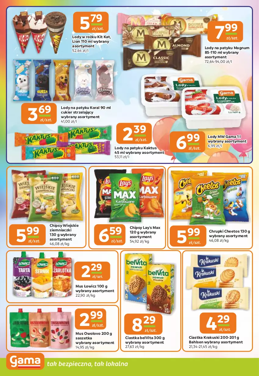 Gazetka promocyjna Gama - Gazetka Gama - ważna 29.05 do 10.06.2025 - strona 4 - produkty: BelVita, Cheetos, Chipsy, Chrupki, Ciastka, Cukier, Kaktus, Kit Kat, Krakus, Krakuski, Lion, Lody, Mus, Piec