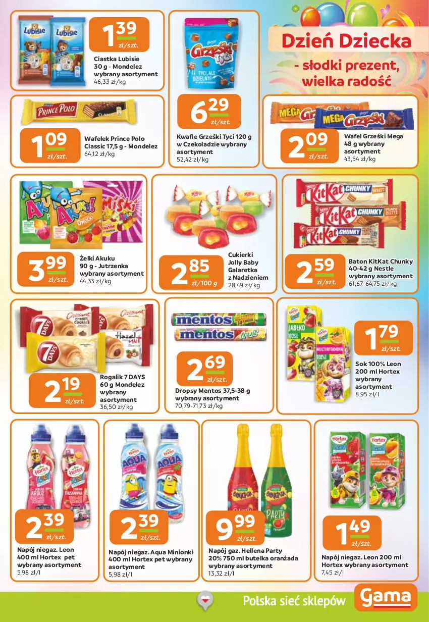 Gazetka promocyjna Gama - Gazetka Gama - ważna 29.05 do 10.06.2025 - strona 5 - produkty: 7 Days, Baton, Ciastka, Cukier, Cukierki, Gala, Galaretka, Grześki, Hellena, Hortex, Jutrzenka, Leon, Lubisie, Mentos, Napój, Oranżada, Prince Polo, Rogal, Sok, Wafelek