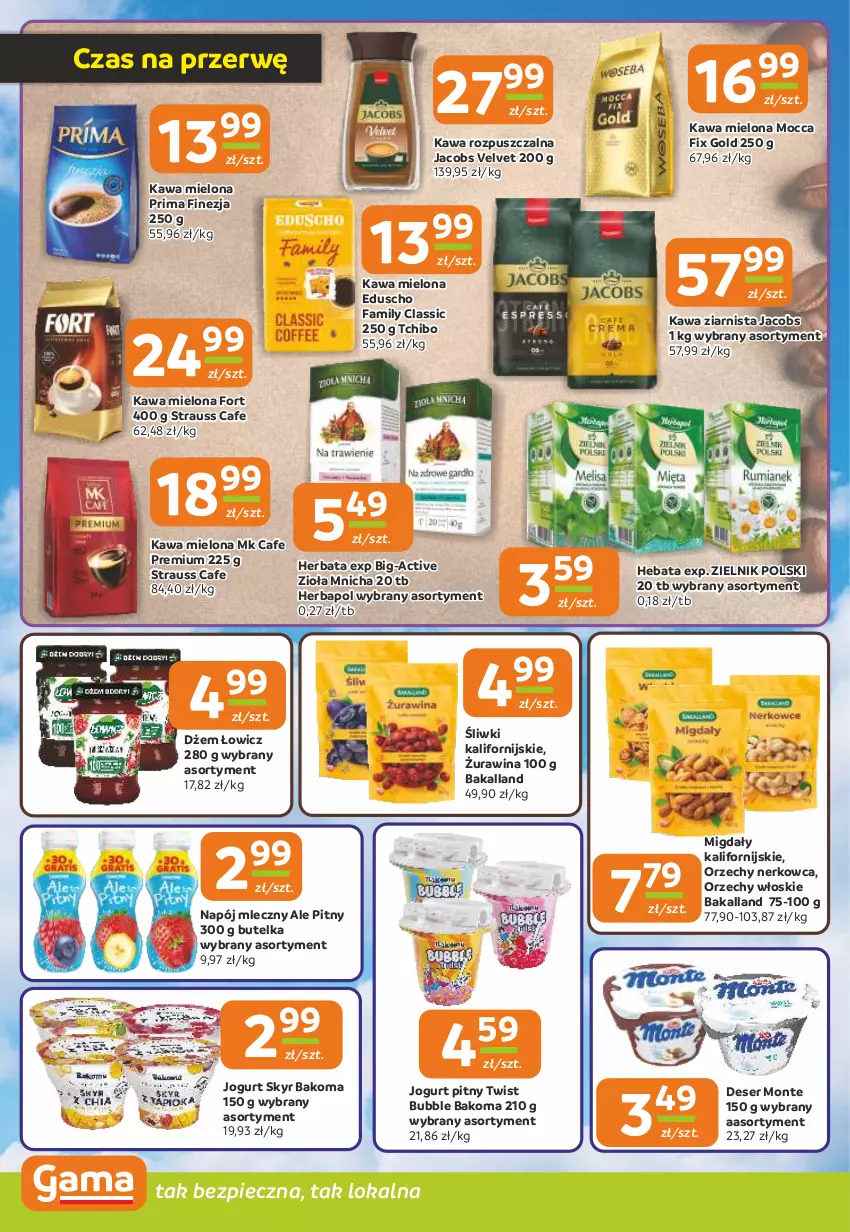 Gazetka promocyjna Gama - Gazetka Gama - ważna 29.05 do 10.06.2025 - strona 6 - produkty: Bakalland, Bakoma, Deser, Dżem, Fa, Herbapol, Herbata, Jacobs, Jacobs Velvet, Jogurt, Jogurt pitny, Kawa, Kawa mielona, Kawa rozpuszczalna, Kawa ziarnista, Migdały, Mocca Fix Gold, Monte, Napój, Napój mleczny, Orzechy włoskie, Piec, Prima, Ser, Tchibo, Velvet