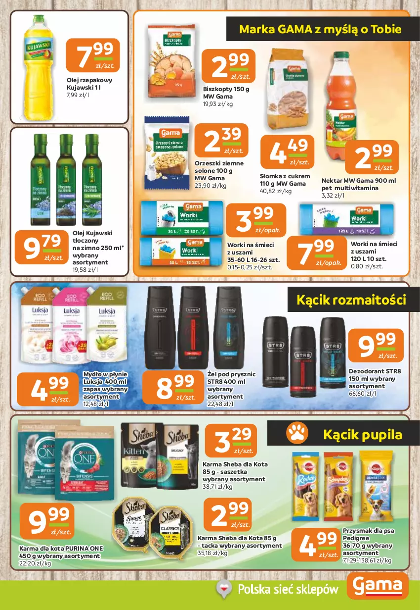 Gazetka promocyjna Gama - Gazetka Gama - ważna 29.05 do 10.06.2025 - strona 9 - produkty: Biszkopty, Dezodorant, Kujawski, Luksja, Mydło, Mydło w płynie, Nektar, Olej, Olej rzepakowy, Orzeszki, Orzeszki ziemne, Pedigree, Przysmak dla psa, Pur, Purina, Sheba, Str8, Worki na śmiec, Worki na śmieci