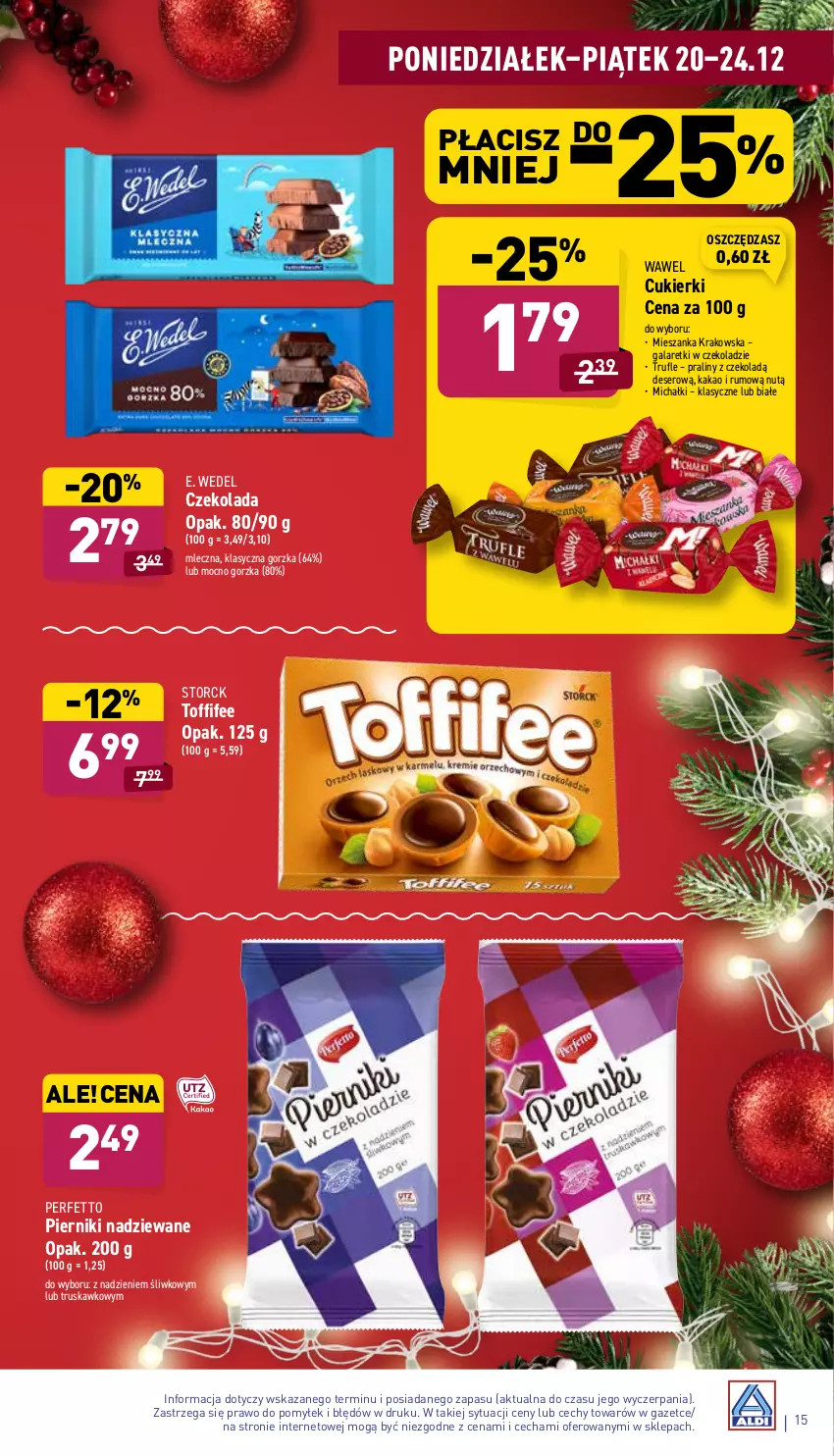 Gazetka promocyjna Aldi - Katalog spożywczy - ważna 20.12 do 24.12.2021 - strona 15 - produkty: Cukier, Cukierki, Czekolada, Deser, E. Wedel, Gala, Galaretki, Kakao, Michałki, Piernik, Praliny, Rum, Ser, Toffifee, Wawel