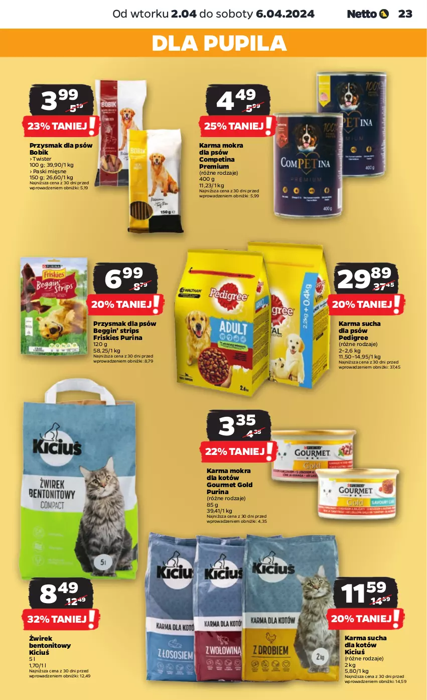 Gazetka promocyjna Netto - Artykuły spożywcze - ważna 02.04 do 06.04.2024 - strona 23 - produkty: Friskies, Gin, Gourmet Gold, Karma mokra dla kotów, Pedigree, Pur, Purina