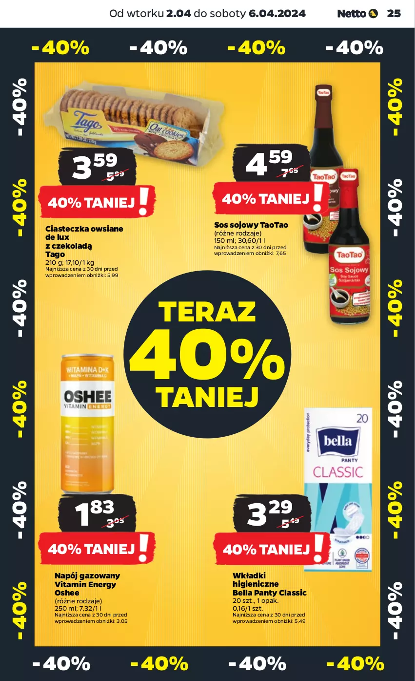 Gazetka promocyjna Netto - Artykuły spożywcze - ważna 02.04 do 06.04.2024 - strona 25 - produkty: Bell, Bella, Napój, Napój gazowany, Oshee, Sos, Sos sojowy, Tago, TaoTao, Tera, Wkładki