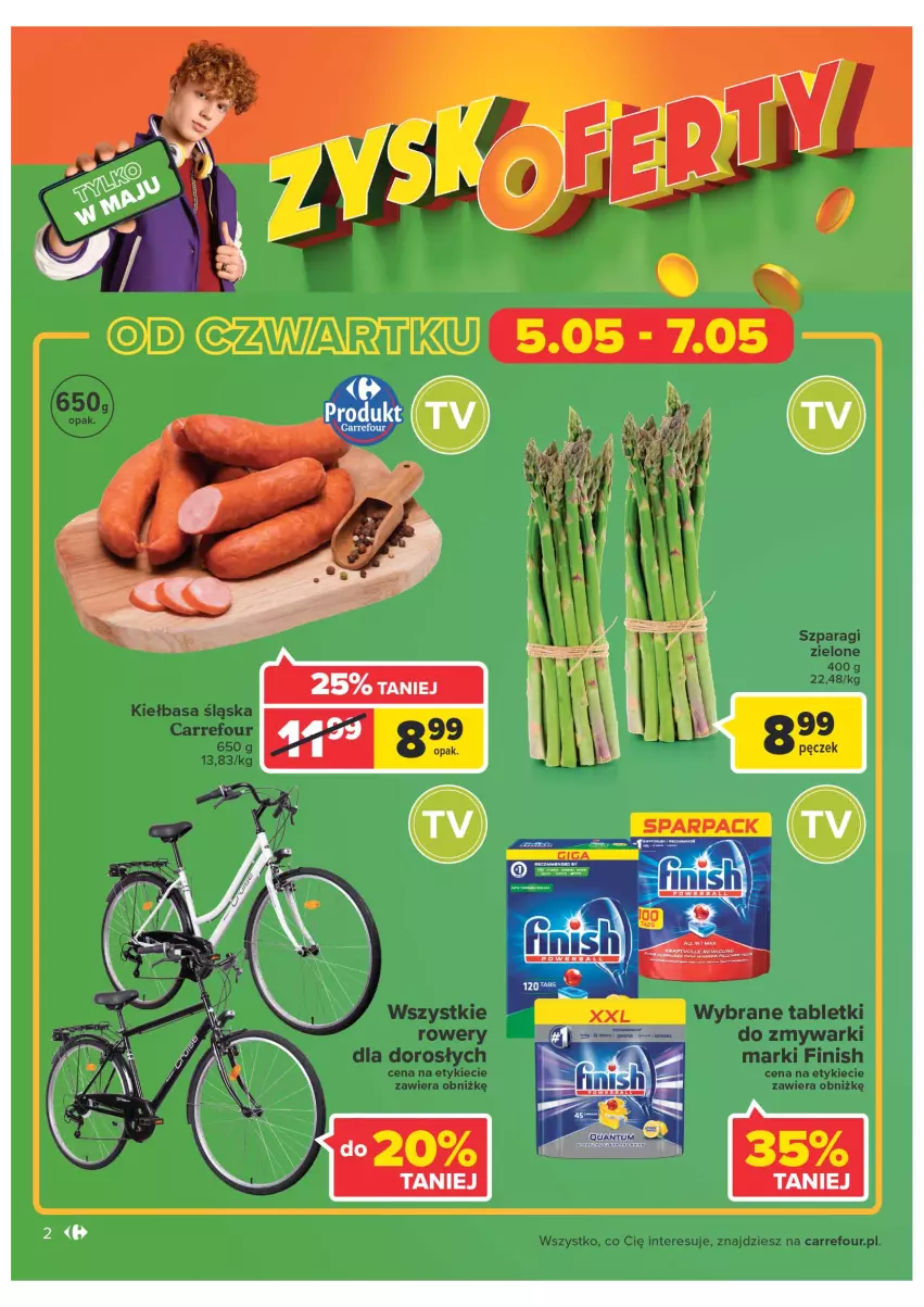 Gazetka promocyjna Carrefour - Gazetka Carrefour ZyskOferty - ważna 04.05 do 14.05.2022 - strona 2 - produkty: Finish, Kiełbasa, Kiełbasa śląska, Rower, Tablet, Zmywarki