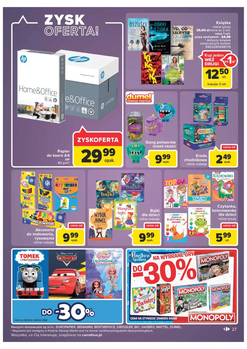 Gazetka promocyjna Carrefour - Gazetka Carrefour ZyskOferty - ważna 04.05 do 14.05.2022 - strona 27 - produkty: BIC, Dres, Dzieci, Hasbro, HP, Kolorowanka, Książka, Mattel, Monopoly, Papier, Papier do ksero, Ser