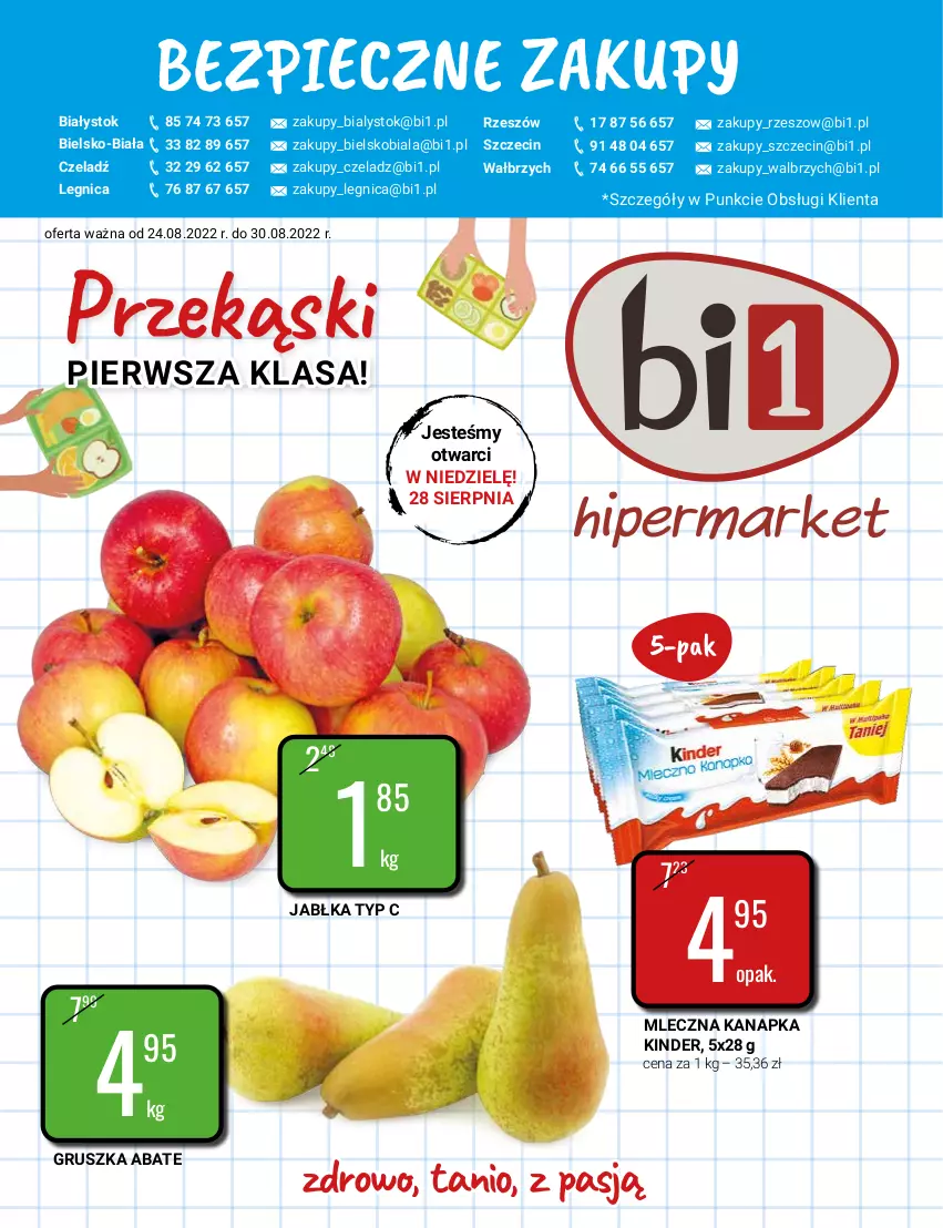 Gazetka promocyjna Bi1 - Przekąski - ważna 24.08 do 30.08.2022 - strona 1 - produkty: Jabłka, Kinder, Mleczna kanapka, Piec