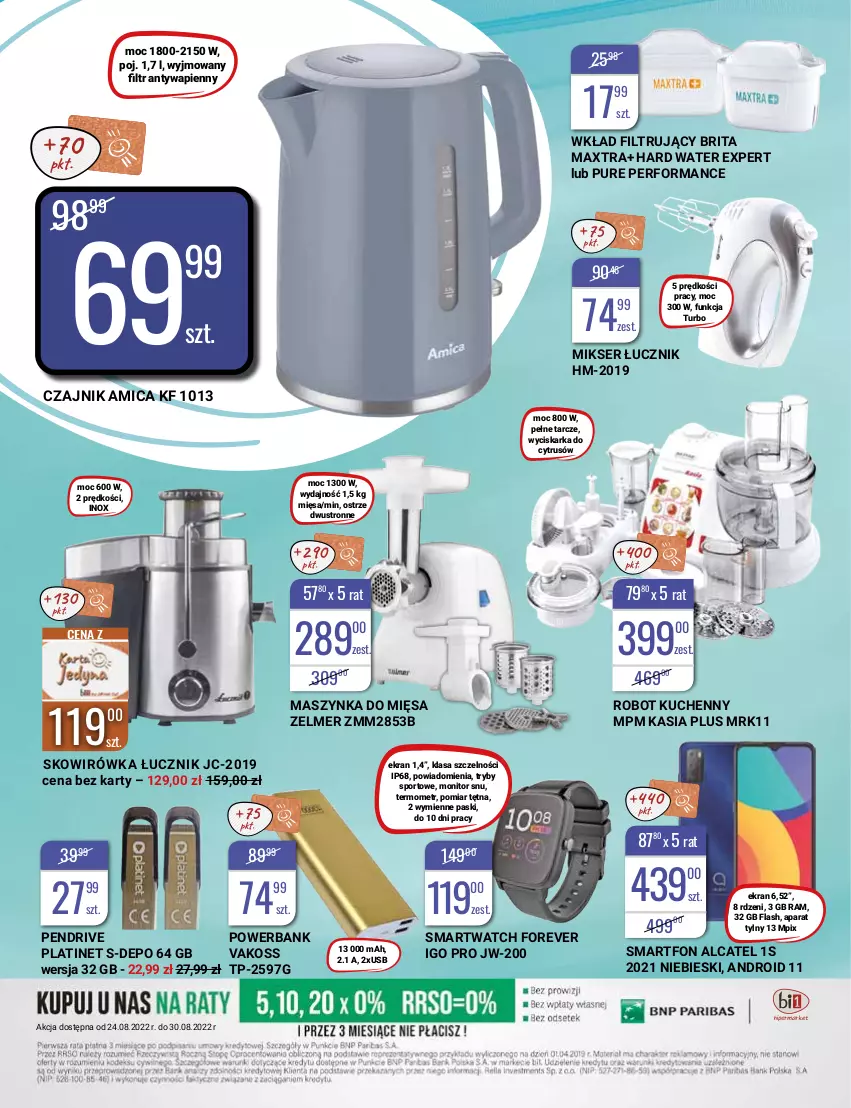 Gazetka promocyjna Bi1 - Przekąski - ważna 24.08 do 30.08.2022 - strona 18 - produkty: Amica, Brit, Brita, Brita Maxtra, Czajnik, Kasia, Maszynka, Mikser, Monitor, Pendrive, PLATINET, Por, Powerbank, Pur, Robot, Ser, Smartfon, Smartwatch, Sport, Szynka, Termometr, Wkład filtrujący, Wyciskarka, Zelmer