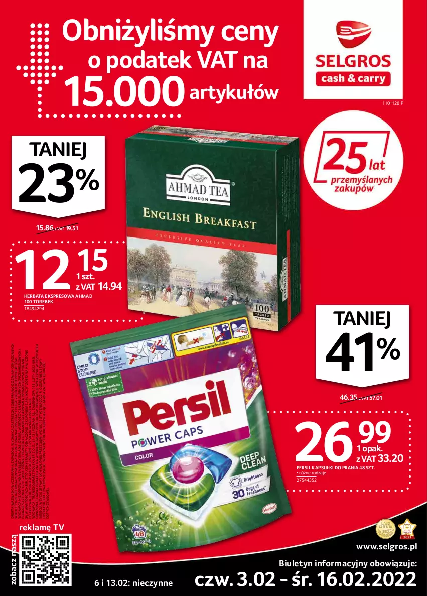 Gazetka promocyjna Selgros - Extra Oferta - ważna 01.02 do 28.02.2022 - strona 1 - produkty: Fa, Herbata, Kapsułki do prania, LG, Persil, Sok, Tran