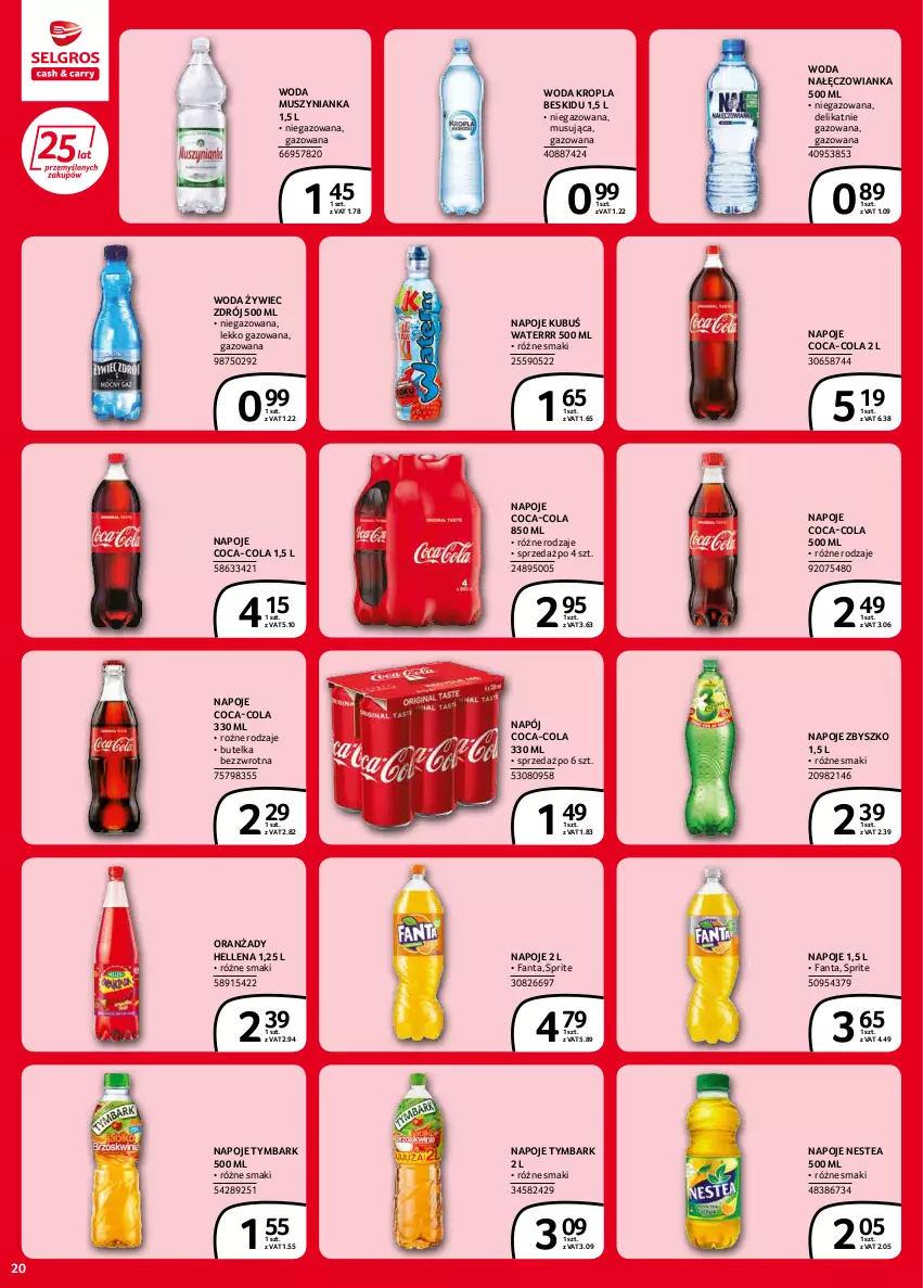 Gazetka promocyjna Selgros - Extra Oferta - ważna 01.02 do 28.02.2022 - strona 20 - produkty: Coca-Cola, Fa, Fanta, Hellena, Kubuś, Kubuś Waterrr, Mus, Muszynianka, Nałęczowianka, Napój, Napoje, Nestea, Sprite, Tymbark, Woda