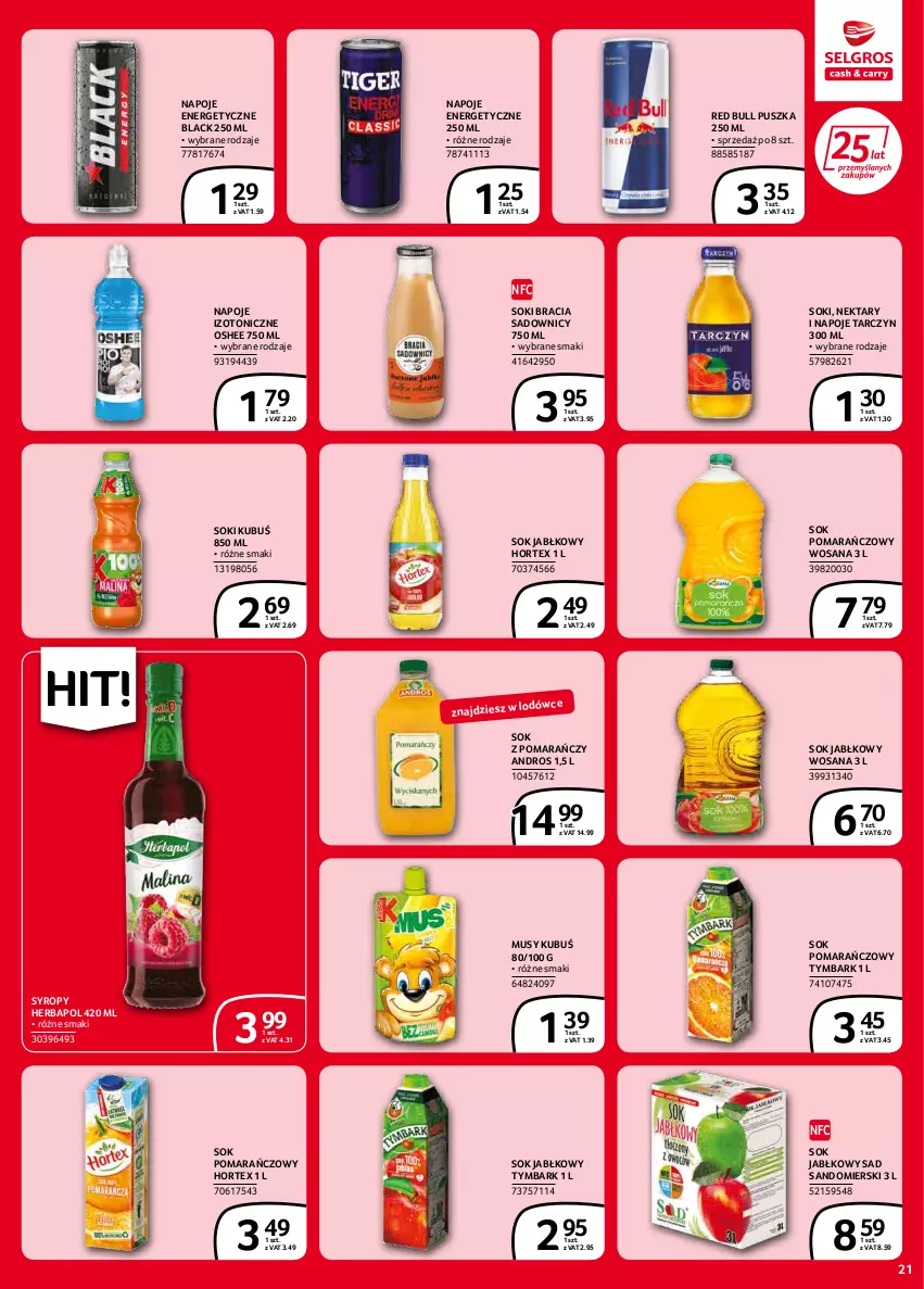 Gazetka promocyjna Selgros - Extra Oferta - ważna 01.02 do 28.02.2022 - strona 21 - produkty: Herbapol, Hortex, Kubuś, Lack, Mus, Napoje, Nektar, Oshee, Red Bull, Sok, Sok jabłkowy, Sok pomarańczowy, Syrop, Syropy, Tymbark, Wosana