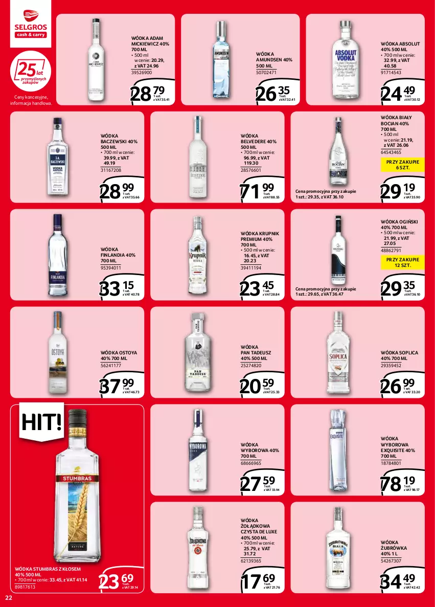 Gazetka promocyjna Selgros - Extra Oferta - ważna 01.02 do 28.02.2022 - strona 22 - produkty: Absolut, Amundsen, Biały Bocian, Exquisite, Finlandia, Krupnik, Ogiński, Soplica, Wódka, Wyborowa