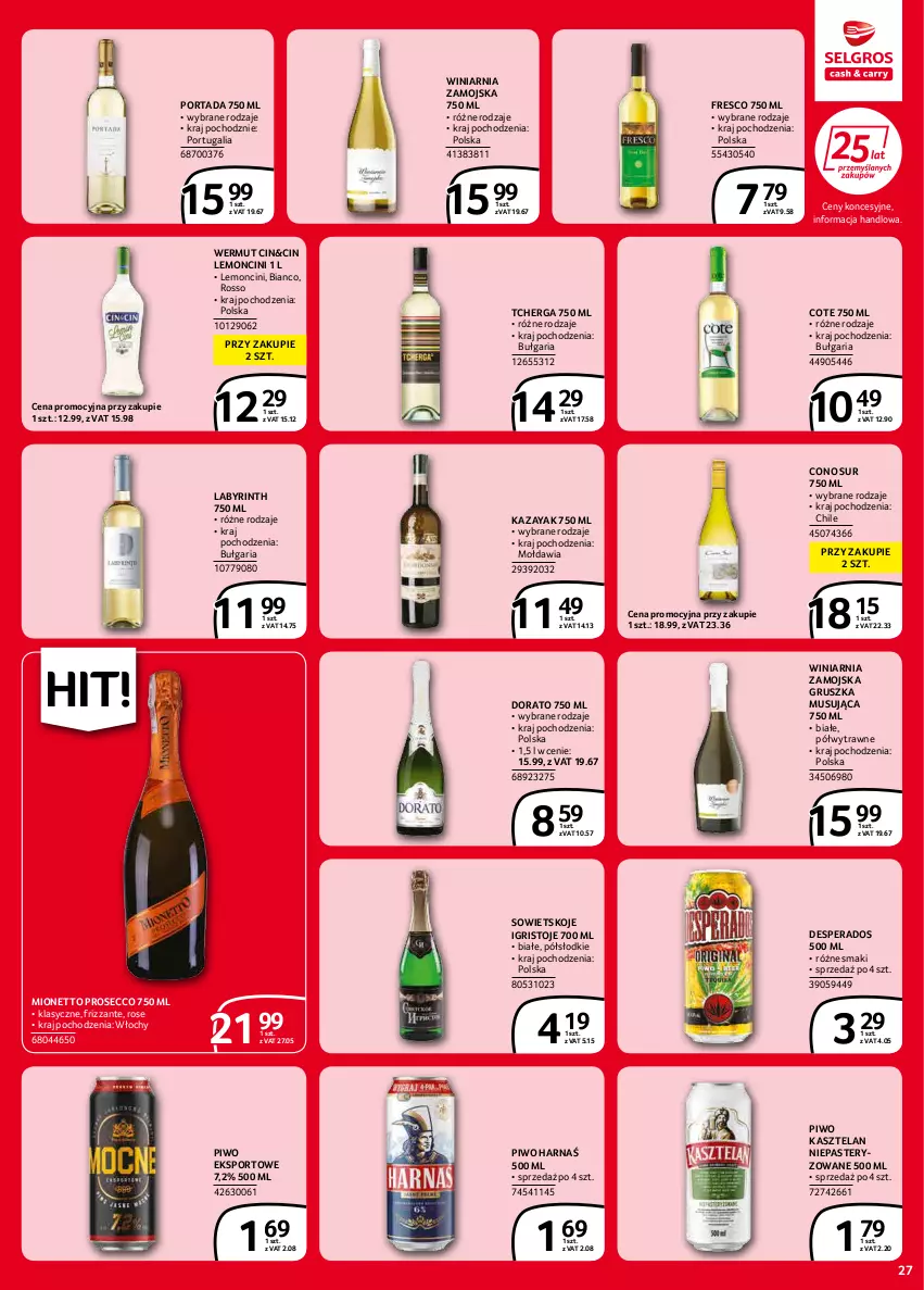 Gazetka promocyjna Selgros - Extra Oferta - ważna 01.02 do 28.02.2022 - strona 27 - produkty: Desperados, Fresco, Harnaś, Kasztelan, Mionetto, Mus, Piwo, Por, Portada, Prosecco, Sowietskoje Igristoje, Sport, Winiarnia Zamojska