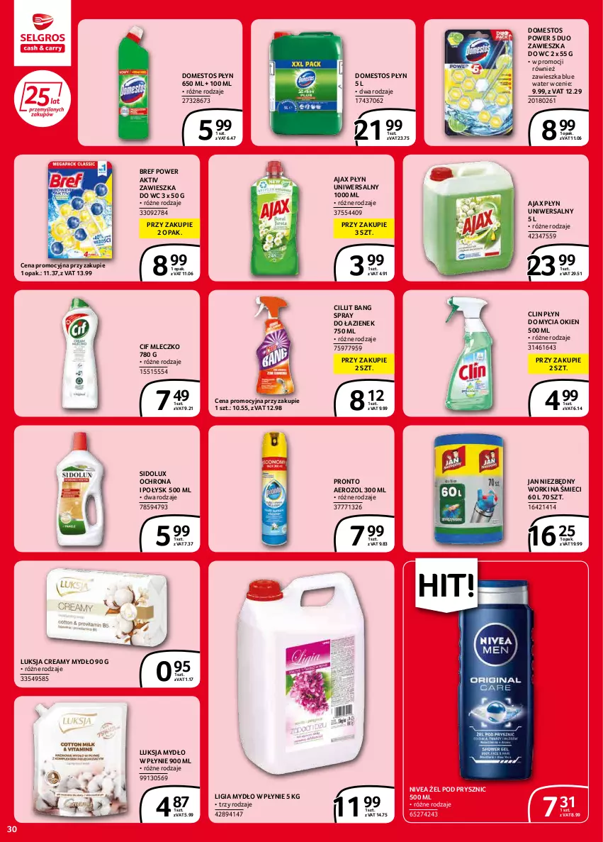 Gazetka promocyjna Selgros - Extra Oferta - ważna 01.02 do 28.02.2022 - strona 30 - produkty: Ajax, Bref, Cif, Cillit Bang, Clin, Domestos, Jan Niezbędny, Luksja, Mleczko, Mydło, Mydło w płynie, Nivea, Płyn do mycia, Pronto, Sidolux, Worki na śmiec, Worki na śmieci, Zawieszka do wc