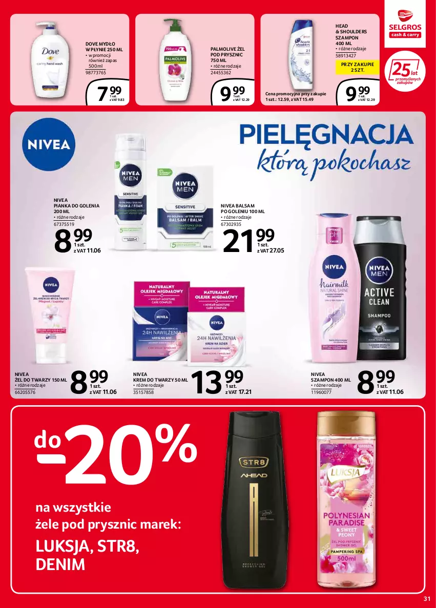 Gazetka promocyjna Selgros - Extra Oferta - ważna 01.02 do 28.02.2022 - strona 31 - produkty: Balsam po goleniu, Dove, Krem do twarzy, Luksja, Mydło, Mydło w płynie, Nivea, Palmolive, Pianka do golenia, Str8, Szampon