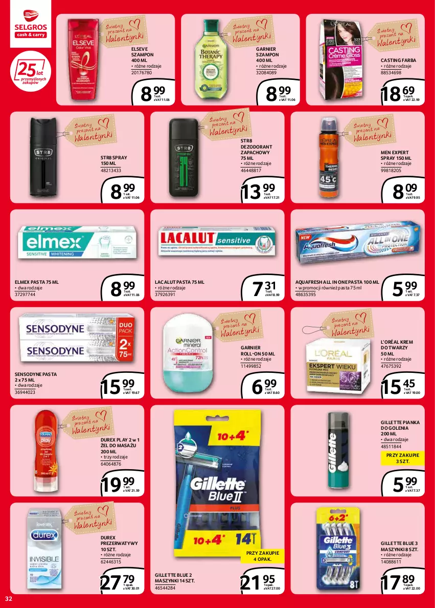 Gazetka promocyjna Selgros - Extra Oferta - ważna 01.02 do 28.02.2022 - strona 32 - produkty: Aquafresh, Dezodorant, Durex, Elmex, Elseve, Fa, Garnier, Gillette, Krem do twarzy, L’Oréal, Lacalut, Pianka do golenia, Prezerwatyw, Sensodyne, Str8, Szampon