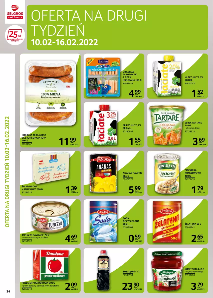 Gazetka promocyjna Selgros - Extra Oferta - ważna 01.02 do 28.02.2022 - strona 34 - produkty: Ananas, Cieciorka, Danio, Gry, Kawa, Kiełbasa, Konfitura, Kurczak, Mleko, Olej, Orka, Ser, Serek, Soda oczyszczona, Sos, Sos sojowy, Tarta, Tartare, Tuńczyk