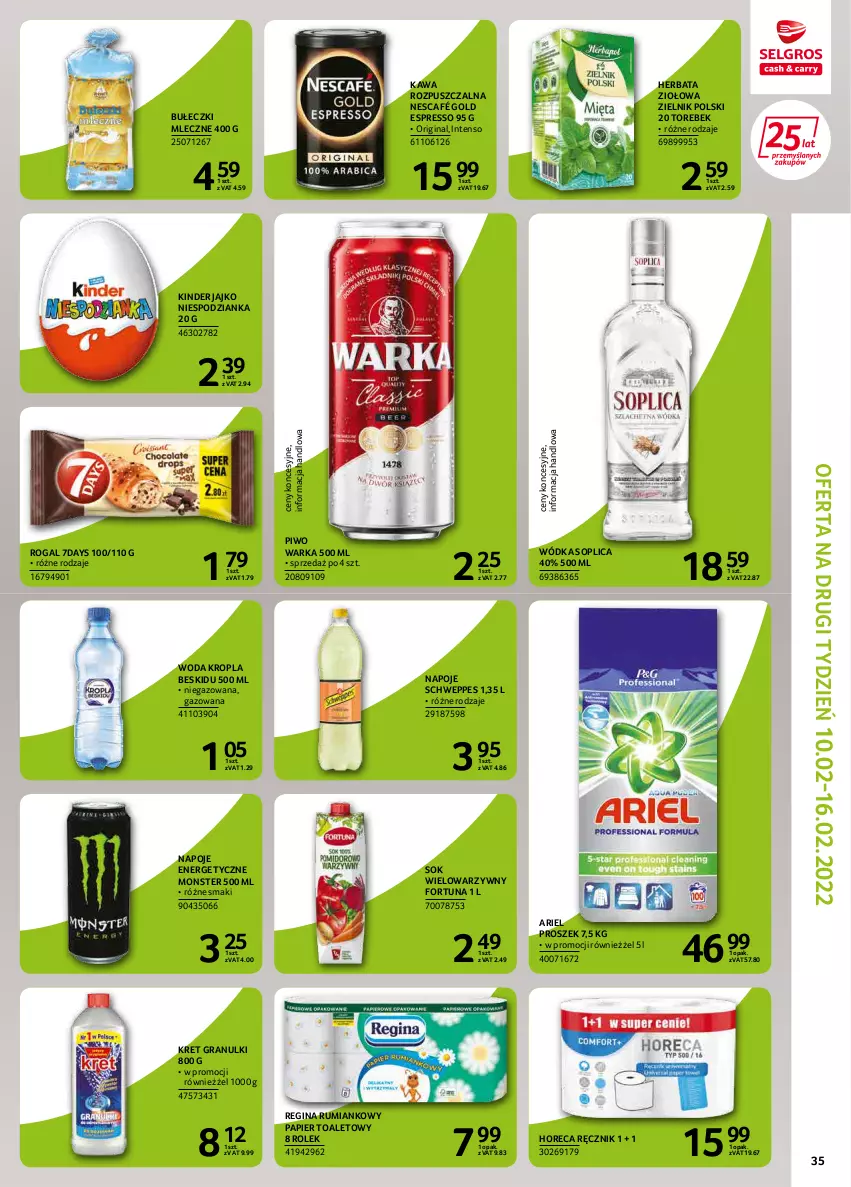 Gazetka promocyjna Selgros - Extra Oferta - ważna 01.02 do 28.02.2022 - strona 35 - produkty: Ariel, Bułeczki, Bułeczki mleczne, Fortuna, Gin, Gra, Herbata, Kawa, Kawa rozpuszczalna, Kinder, Kret, Napoje, Nescafé, Papier, Papier toaletowy, Piwo, Ręcznik, Rogal, Rum, Schweppes, Sok, Soplica, Warka, Woda, Wódka