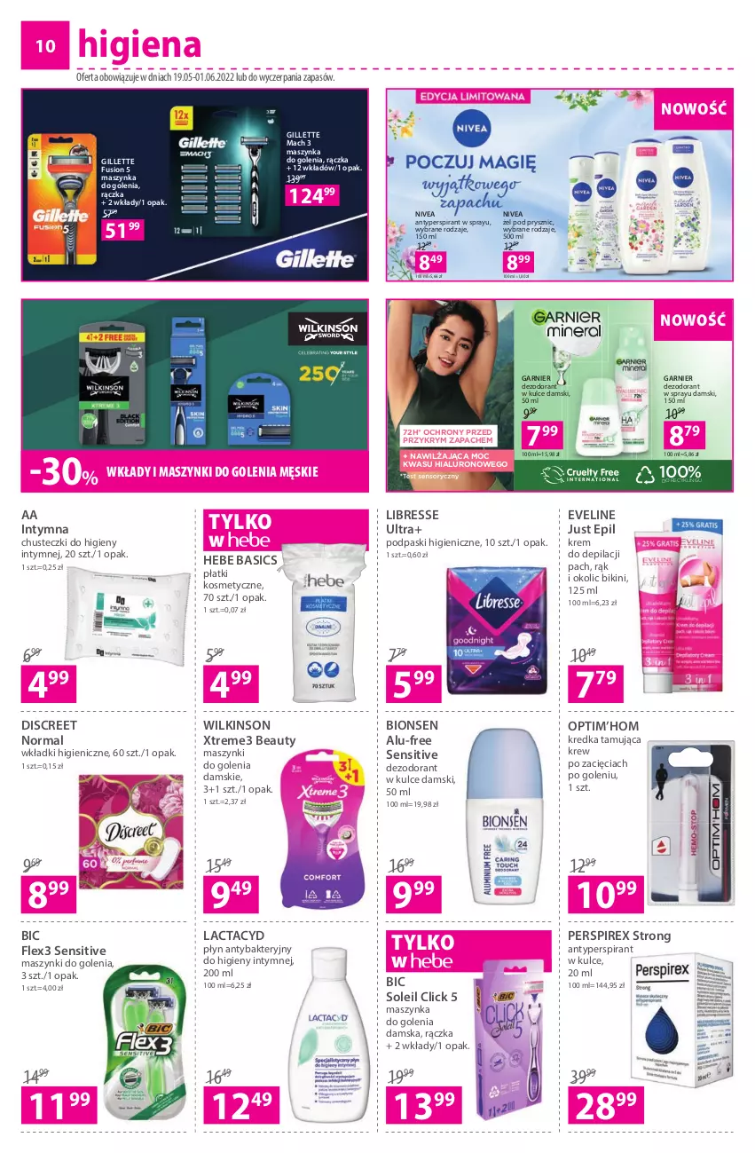 Gazetka promocyjna Hebe - Gazetka - ważna 19.05 do 01.06.2022 - strona 10 - produkty: Antyperspirant, BIC, Bikini, Chusteczki, Chusteczki do higieny, Dezodorant, Discreet, Eveline, Fusion, Garnier, Gillette, Kredka, Krem do depilacji, Lactacyd, Maszynka, Maszynka do golenia, Nivea, Płatki kosmetyczne, Podpaski, Szynka, Wkładki