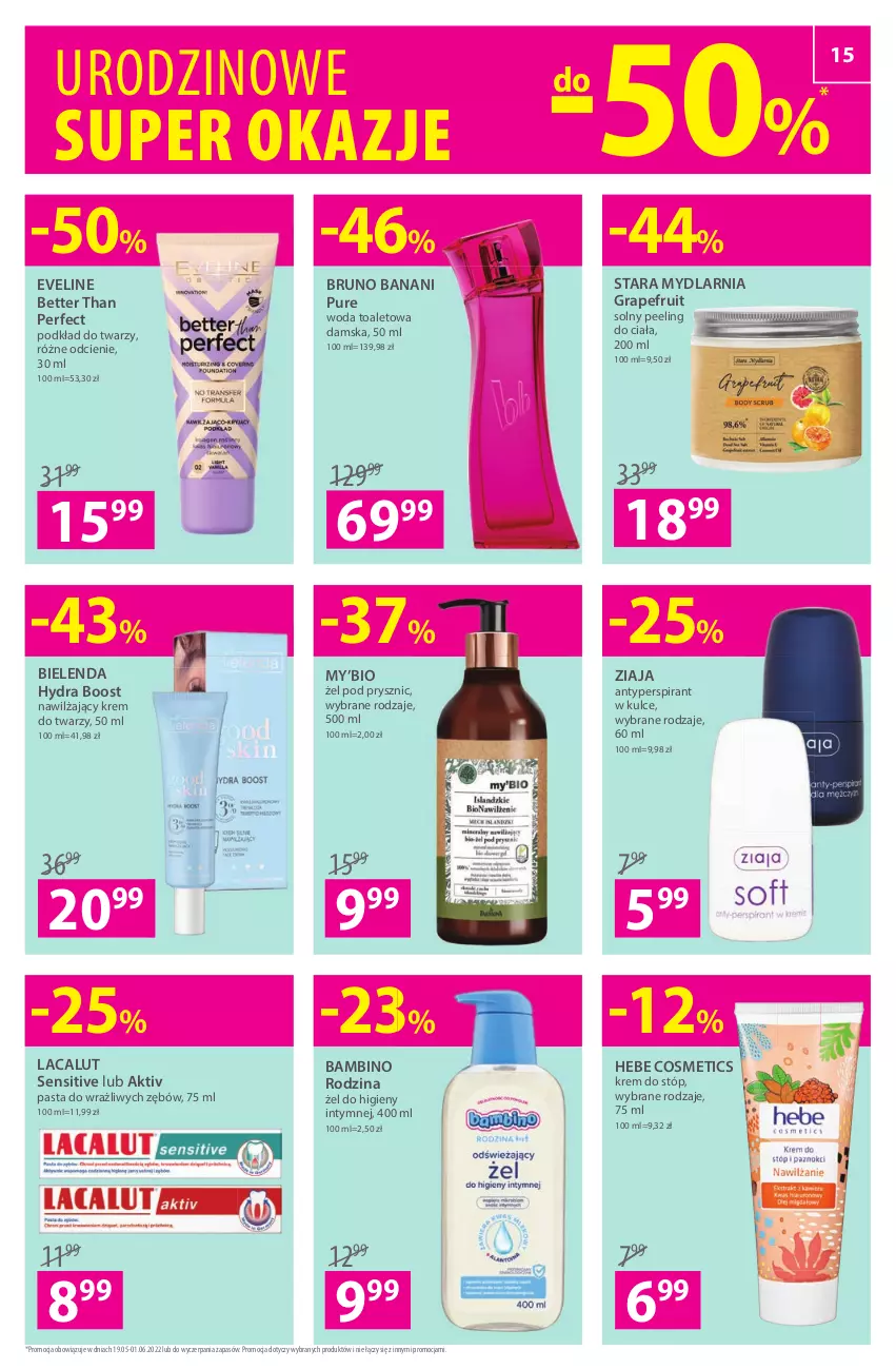 Gazetka promocyjna Hebe - Gazetka - ważna 19.05 do 01.06.2022 - strona 15 - produkty: Antyperspirant, Bielenda, Bruno Banani, Eveline, Gra, Hebe Cosmetics, Krem do stóp, Krem do twarzy, Lacalut, Peeling, Podkład, Podkład do twarzy, Pur, Woda, Woda toaletowa, Ziaja