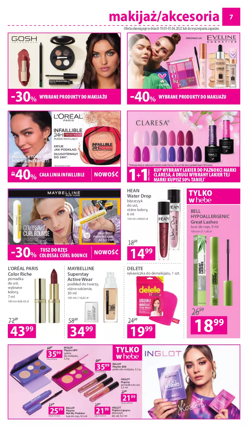 Gazetka promocyjna Hebe - Gazetka - ważna 19.05 do 01.06.2022 - strona 7 - produkty: Bell, Bell HypoAllergenic, Błyszczyk do ust, Fa, L’Oréal, Lakier, Lakier do paznokci, Makijaż, Maybelline, Paleta, Podkład, Podkład do twarzy, Produkty do makijażu, Tusz