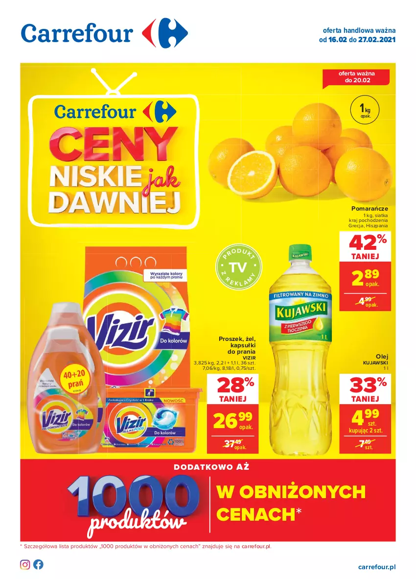 Gazetka promocyjna Carrefour - Gazetka Carrefour - ważna 15.02 do 27.02.2021 - strona 1 - produkty: Kapsułki do prania, Kujawski, Olej, Pomarańcze, Siatka, Vizir