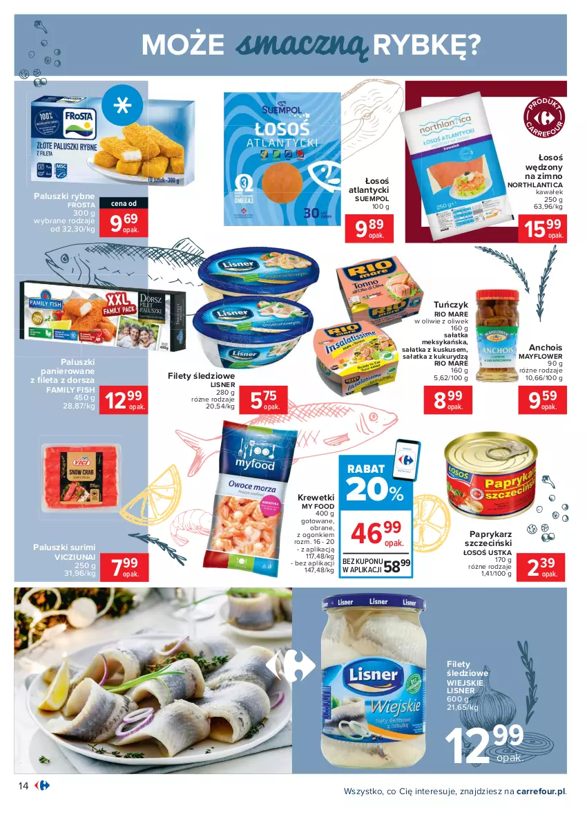 Gazetka promocyjna Carrefour - Gazetka Carrefour - ważna 15.02 do 27.02.2021 - strona 14 - produkty: Dorsz, Fa, Frosta, Kawa, Krewetki, Kuskus, Lisner, Paluszki rybne, Papryka, Paprykarz, Paprykarz szczeciński, Rio Mare, Sałat, Sałatka, Suempol, Surimi, Tuńczyk, Wałek