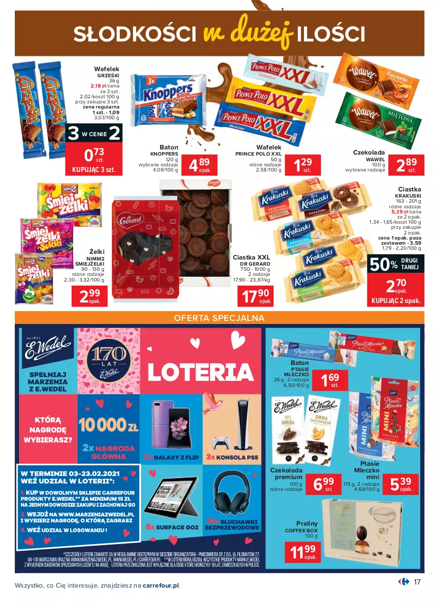 Gazetka promocyjna Carrefour - Gazetka Carrefour - ważna 15.02 do 27.02.2021 - strona 17 - produkty: Baton, Ciastka, Czekolada, Dr Gerard, Grześki, Knoppers, Kosz, Krakus, Krakuski, Mleczko, Nimm2, Praliny, Prince Polo, Ptasie mleczko, Wafelek, Wawel