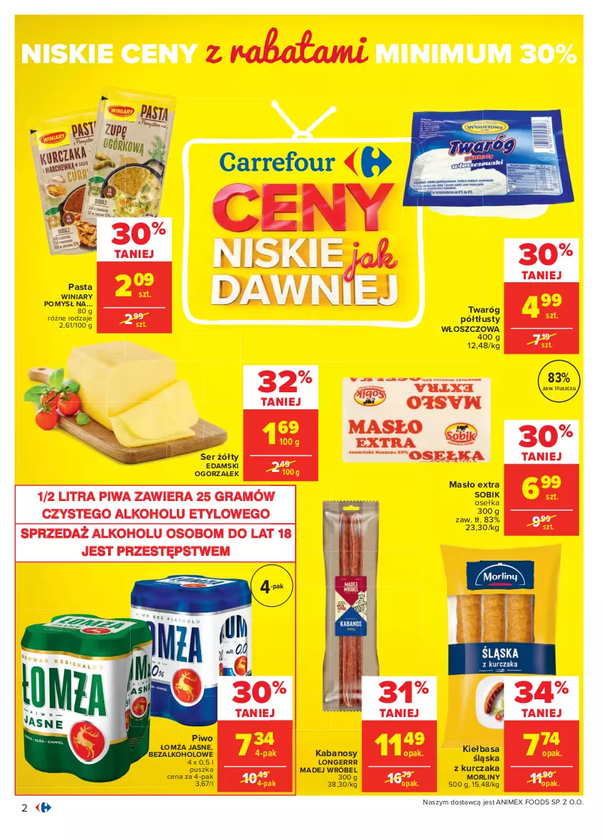 Gazetka promocyjna Carrefour - Gazetka Carrefour - ważna 15.02 do 27.02.2021 - strona 2 - produkty: Edam, Gra, Kabanos, Kiełbasa, Kiełbasa śląska, Kurczak, Madej Wróbel, Masło, Morliny, Piwa, Piwo, Ser, Twaróg, Twaróg półtłusty, Winiary