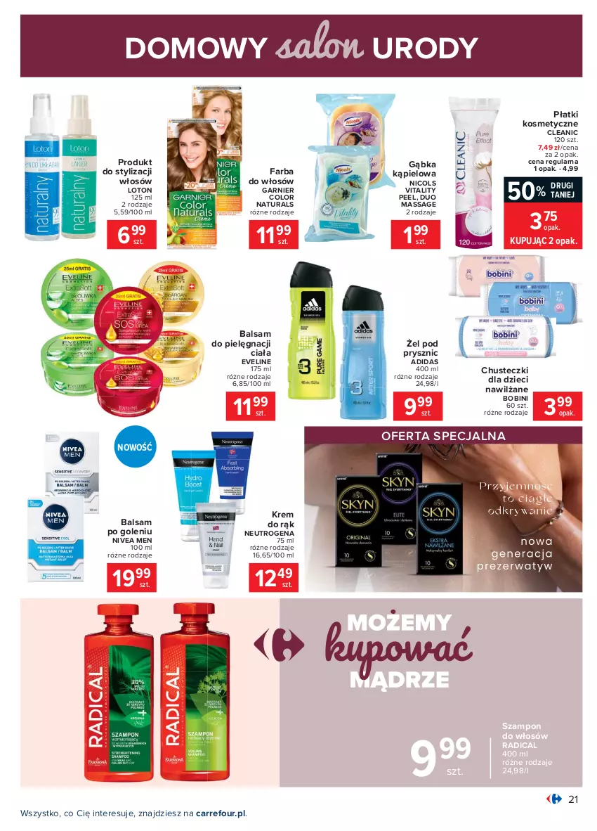 Gazetka promocyjna Carrefour - Gazetka Carrefour - ważna 15.02 do 27.02.2021 - strona 21 - produkty: Adidas, Balsam po goleniu, Chusteczki, Cleanic, Dzieci, Eveline, Fa, Farba do włosów, Garnier, Krem do rąk, Neutrogena, Nicols, Nivea, Nivea Men, Płatki kosmetyczne, Szampon