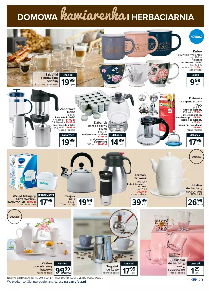 Gazetka promocyjna Carrefour - Gazetka Carrefour - ważna 15.02 do 27.02.2021 - strona 29 - produkty: Brit, Brita, Brita Maxtra, Cappuccino, Czajnik, Dzbanek, Filiżanka, Kawiarka, Kubek, Kubek termiczny, Lanki, Podgrzewacze, Pojemnik, Por, Szklanka, Termos, Top, Zaparzacz